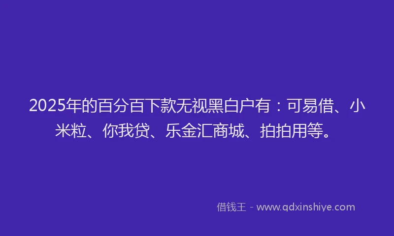 2025年的百分百下款无视黑白户有：可易借、小米粒、你我贷、乐金汇商城、拍拍用等。