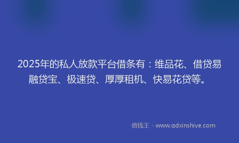 2025年的私人放款平台借条有：维品花、借贷易融贷宝、极速贷、厚厚租机、快易花贷等。
