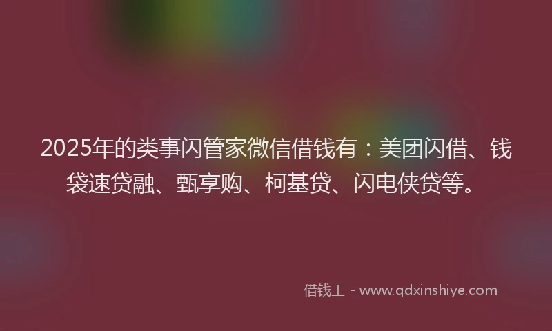 2025年的类事闪管家微信借钱有：美团闪借、钱袋速贷融、甄享购、柯基贷、闪电侠贷等。
