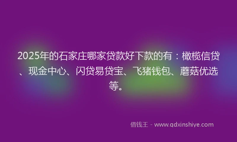 2025年的石家庄哪家贷款好下款的有：橄榄信贷、现金中心、闪贷易贷宝、飞猪钱包、蘑菇优选等。
