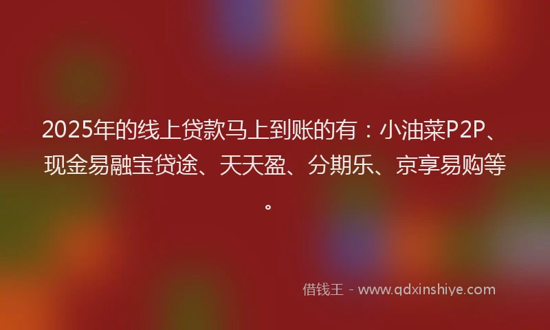 2025年的线上贷款马上到账的有：小油菜P2P、现金易融宝贷途、天天盈、分期乐、京享易购等。