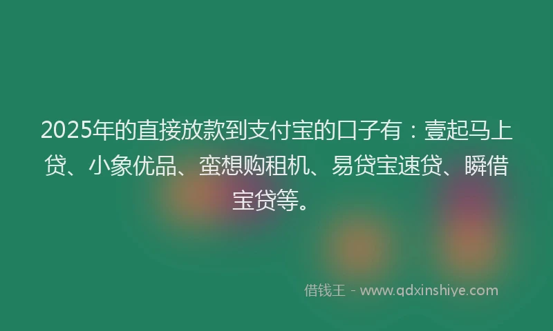 2025年的直接放款到支付宝的口子有：壹起马上贷、小象优品、蛮想购租机、易贷宝速贷、瞬借宝贷等。