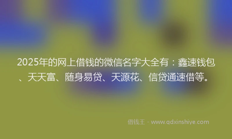 2025年的网上借钱的微信名字大全有：鑫速钱包、天天富、随身易贷、天源花、信贷通速借等。