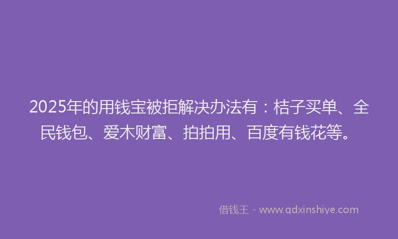 2025年的用钱宝被拒解决办法有：桔子买单、全民钱包、爱木财富、拍拍用、百度有钱花等。