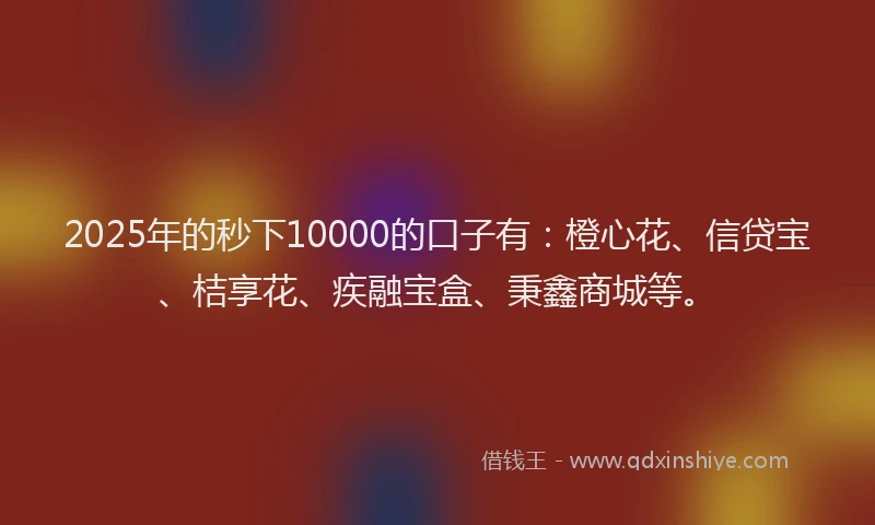 2025年的秒下10000的口子有：橙心花、信贷宝、桔享花、疾融宝盒、秉鑫商城等。