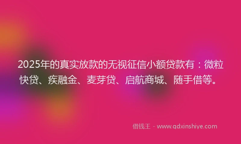 2025年的真实放款的无视征信小额贷款有：微粒快贷、疾融金、麦芽贷、启航商城、随手借等。