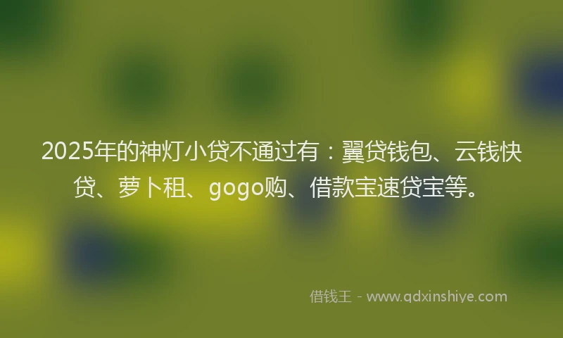 2025年的神灯小贷不通过有：翼贷钱包、云钱快贷、萝卜租、gogo购、借款宝速贷宝等。