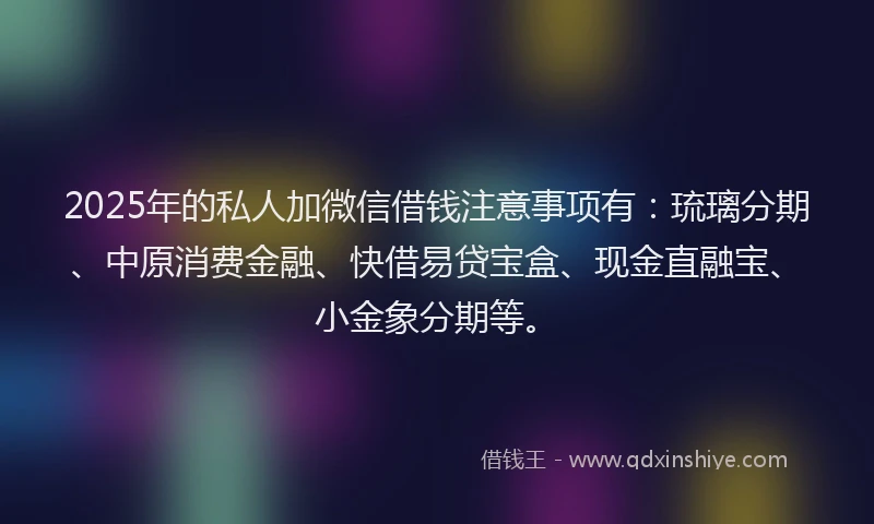 2025年的私人加微信借钱注意事项有：琉璃分期、中原消费金融、快借易贷宝盒、现金直融宝、小金象分期等。