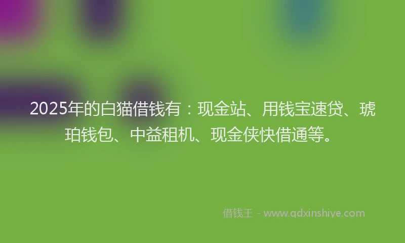 2025年的白猫借钱有：现金站、用钱宝速贷、琥珀钱包、中益租机、现金侠快借通等。