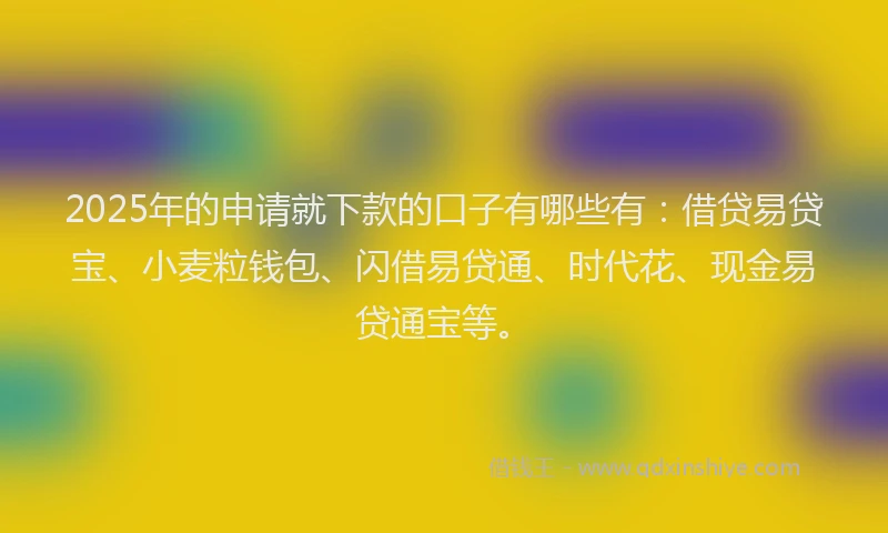 2025年的申请就下款的口子有哪些有：借贷易贷宝、小麦粒钱包、闪借易贷通、时代花、现金易贷通宝等。