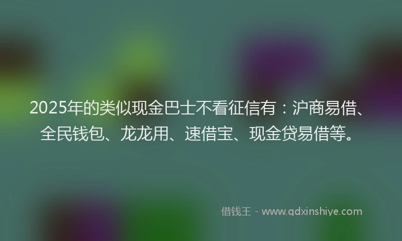 2025年的类似现金巴士不看征信有：沪商易借、全民钱包、龙龙用、速借宝、现金贷易借等。