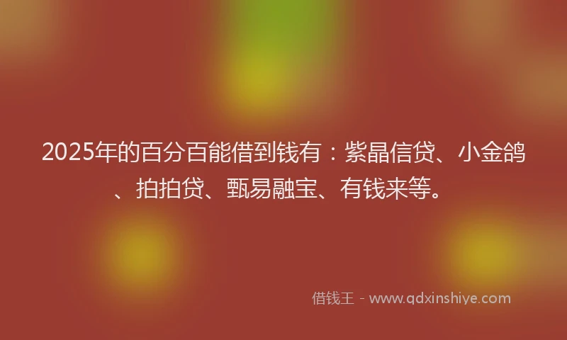 2025年的百分百能借到钱有：紫晶信贷、小金鸽、拍拍贷、甄易融宝、有钱来等。