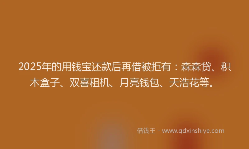 2025年的用钱宝还款后再借被拒有：森森贷、积木盒子、双喜租机、月亮钱包、天浩花等。