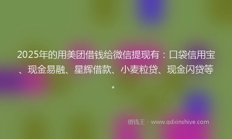 2025年的用美团借钱给微信提现有：口袋信用宝、现金易融、星辉借款、小麦粒贷、现金闪贷等。
