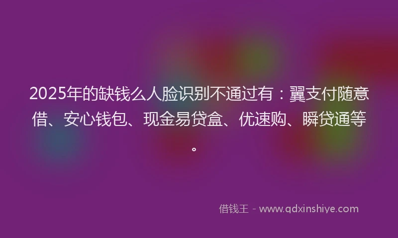 2025年的缺钱么人脸识别不通过有：翼支付随意借、安心钱包、现金易贷盒、优速购、瞬贷通等。