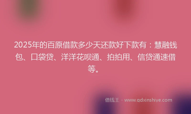 2025年的百原借款多少天还款好下款有：慧融钱包、口袋贷、洋洋花呗通、拍拍用、信贷通速借等。