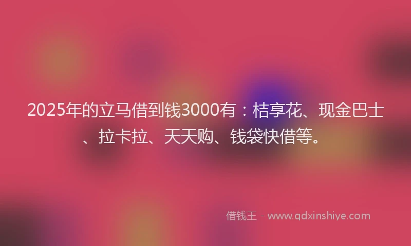 2025年的立马借到钱3000有：桔享花、现金巴士、拉卡拉、天天购、钱袋快借等。