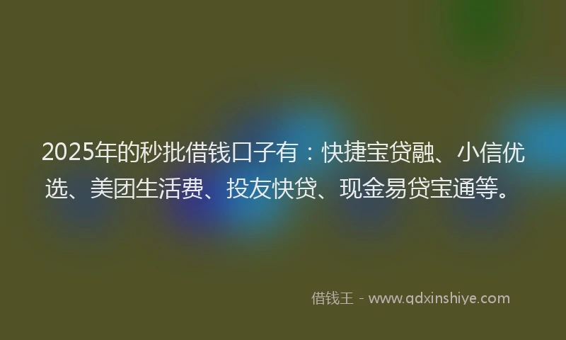 2025年的秒批借钱口子有：快捷宝贷融、小信优选、美团生活费、投友快贷、现金易贷宝通等。