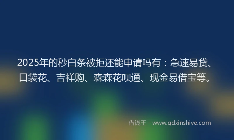 2025年的秒白条被拒还能申请吗有：急速易贷、口袋花、吉祥购、森森花呗通、现金易借宝等。