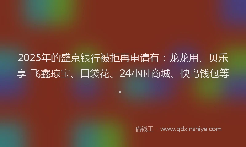 2025年的盛京银行被拒再申请有：龙龙用、贝乐享-飞鑫琼宝、口袋花、24小时商城、快鸟钱包等。