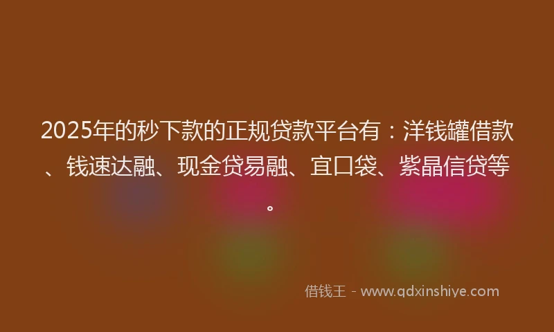 2025年的秒下款的正规贷款平台有：洋钱罐借款、钱速达融、现金贷易融、宜口袋、紫晶信贷等。