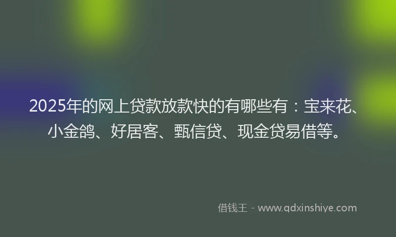 2025年的网上贷款放款快的有哪些有：宝来花、小金鸽、好居客、甄信贷、现金贷易借等。