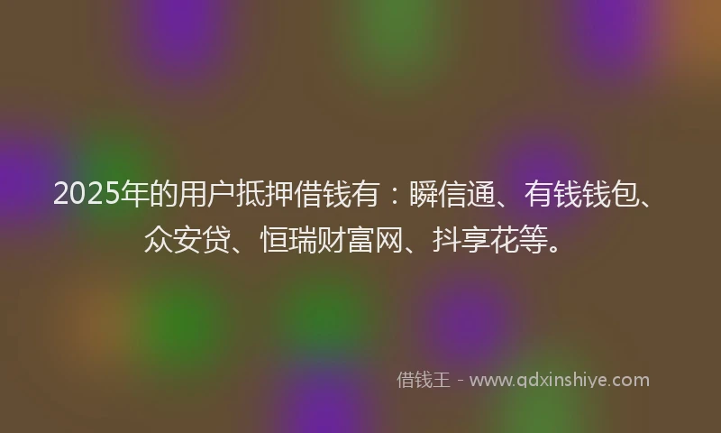 2025年的用户抵押借钱有：瞬信通、有钱钱包、众安贷、恒瑞财富网、抖享花等。