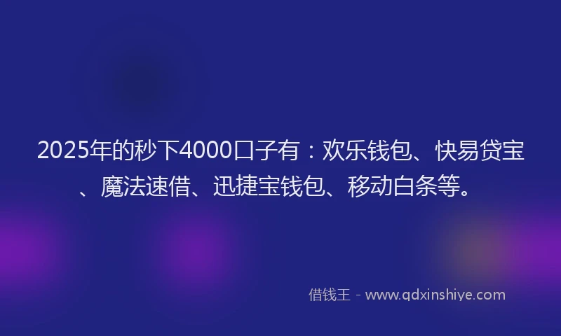 2025年的秒下4000口子有：欢乐钱包、快易贷宝、魔法速借、迅捷宝钱包、移动白条等。