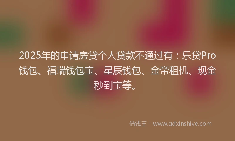 2025年的申请房贷个人贷款不通过有：乐贷Pro钱包、福瑞钱包宝、星辰钱包、金帝租机、现金秒到宝等。
