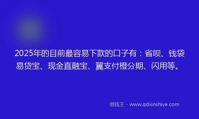2025年的目前最容易下款的口子有：省呗、钱袋易贷宝、现金直融宝、翼支付橙分期、闪用等。