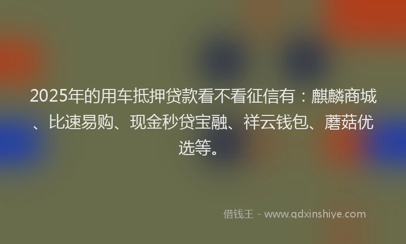 2025年的用车抵押贷款看不看征信有：麒麟商城、比速易购、现金秒贷宝融、祥云钱包、蘑菇优选等。
