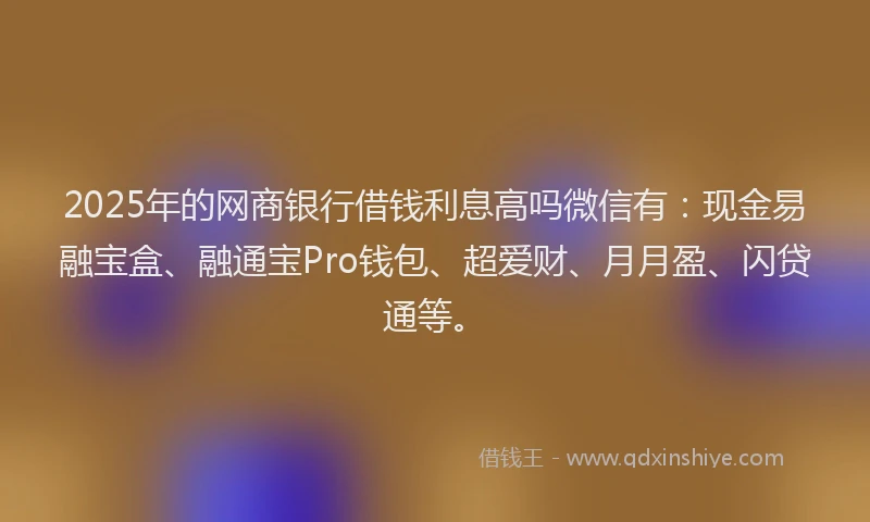 2025年的网商银行借钱利息高吗微信有：现金易融宝盒、融通宝Pro钱包、超爱财、月月盈、闪贷通等。