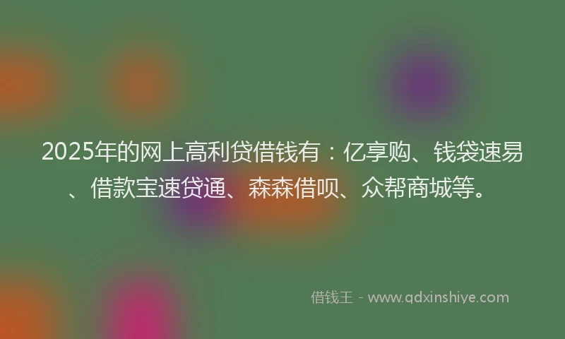 2025年的网上高利贷借钱有：亿享购、钱袋速易、借款宝速贷通、森森借呗、众帮商城等。