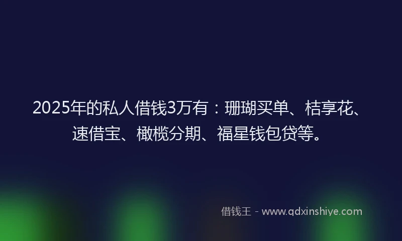 2025年的私人借钱3万有：珊瑚买单、桔享花、速借宝、橄榄分期、福星钱包贷等。