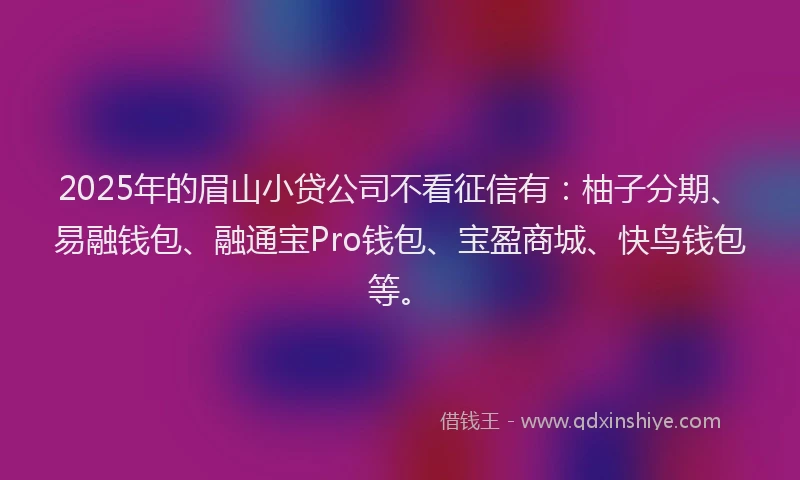 2025年的眉山小贷公司不看征信有：柚子分期、易融钱包、融通宝Pro钱包、宝盈商城、快鸟钱包等。