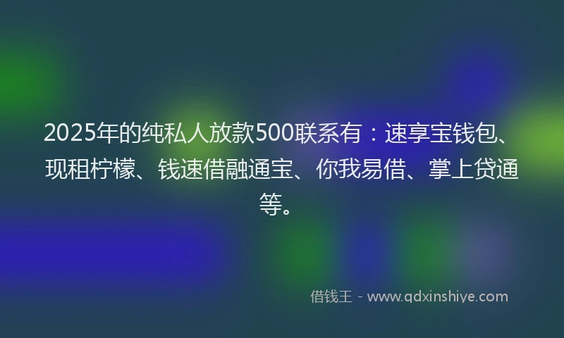 2025年的纯私人放款500联系有：速享宝钱包、现租柠檬、钱速借融通宝、你我易借、掌上贷通等。