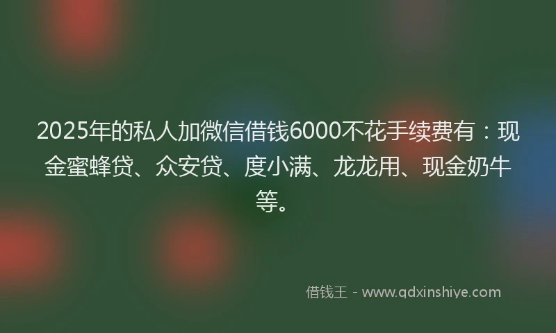 2025年的私人加微信借钱6000不花手续费有：现金蜜蜂贷、众安贷、度小满、龙龙用、现金奶牛等。
