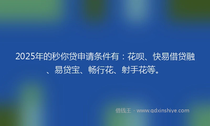 2025年的秒你贷申请条件有：花呗、快易借贷融、易贷宝、畅行花、射手花等。