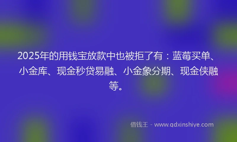 2025年的用钱宝放款中也被拒了有：蓝莓买单、小金库、现金秒贷易融、小金象分期、现金侠融等。