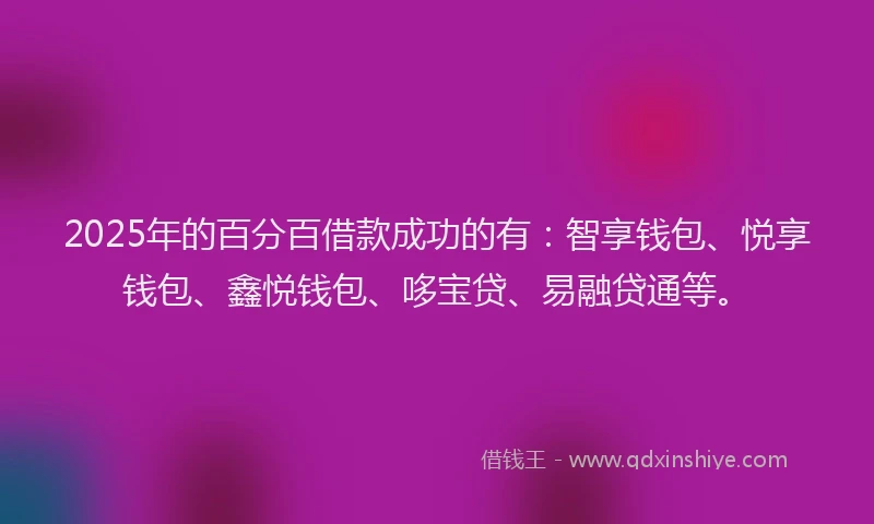 2025年的百分百借款成功的有：智享钱包、悦享钱包、鑫悦钱包、哆宝贷、易融贷通等。