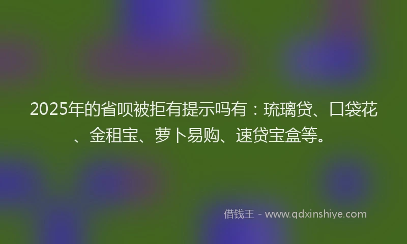 2025年的省呗被拒有提示吗有：琉璃贷、口袋花、金租宝、萝卜易购、速贷宝盒等。