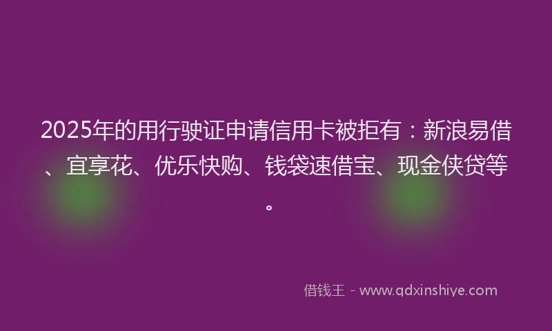 2025年的用行驶证申请信用卡被拒有：新浪易借、宜享花、优乐快购、钱袋速借宝、现金侠贷等。