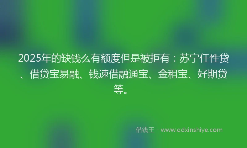 2025年的缺钱么有额度但是被拒有：苏宁任性贷、借贷宝易融、钱速借融通宝、金租宝、好期贷等。