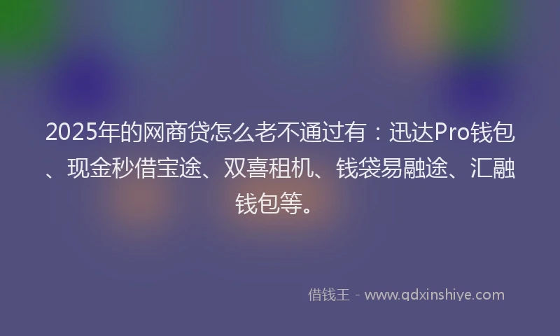2025年的网商贷怎么老不通过有：迅达Pro钱包、现金秒借宝途、双喜租机、钱袋易融途、汇融钱包等。