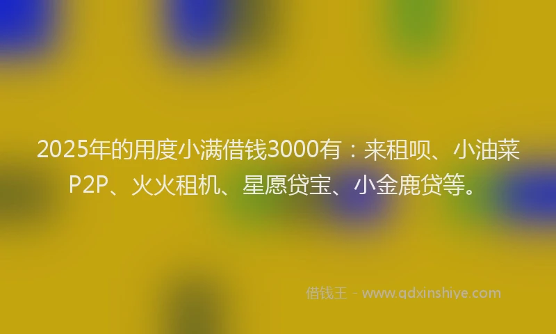 2025年的用度小满借钱3000有：来租呗、小油菜P2P、火火租机、星愿贷宝、小金鹿贷等。