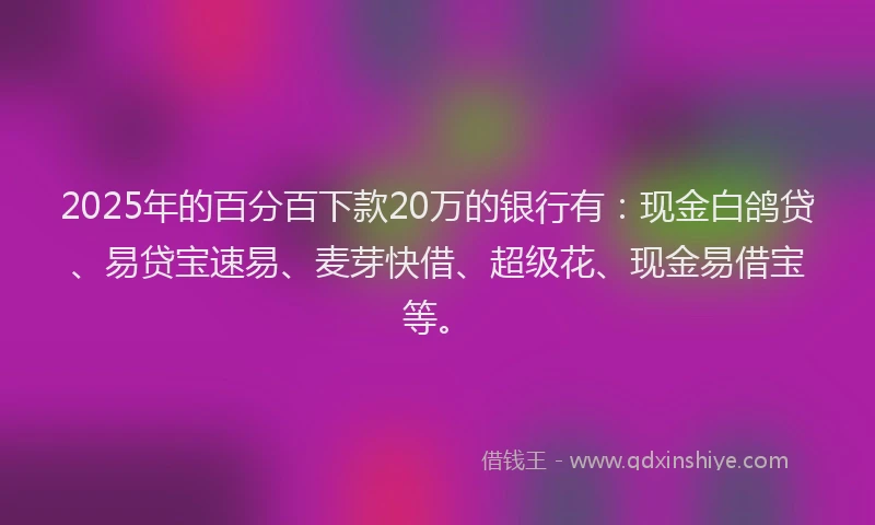 2025年的百分百下款20万的银行有：现金白鸽贷、易贷宝速易、麦芽快借、超级花、现金易借宝等。