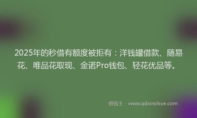 2025年的秒借有额度被拒有：洋钱罐借款、随易花、唯品花取现、金诺Pro钱包、轻花优品等。
