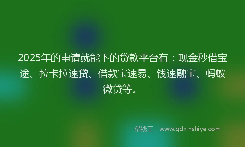 2025年的申请就能下的贷款平台有：现金秒借宝途、拉卡拉速贷、借款宝速易、钱速融宝、蚂蚁微贷等。