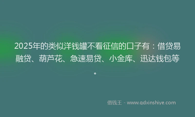 2025年的类似洋钱罐不看征信的口子有：借贷易融贷、葫芦花、急速易贷、小金库、迅达钱包等。