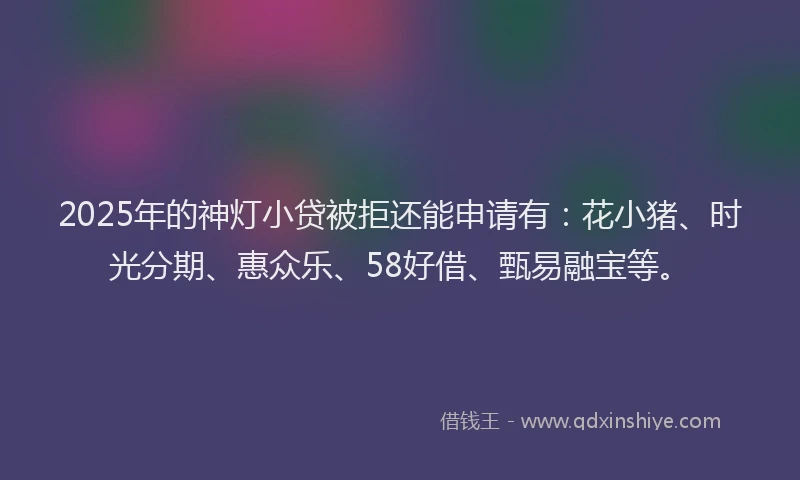2025年的神灯小贷被拒还能申请有：花小猪、时光分期、惠众乐、58好借、甄易融宝等。